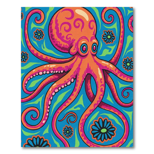 Vibrant Orange Octopus Floral Swirl Rug