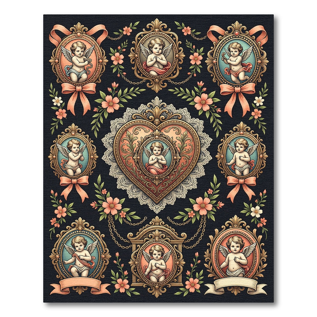 Ornate Cherub Flower Garland Heart Collage Rug