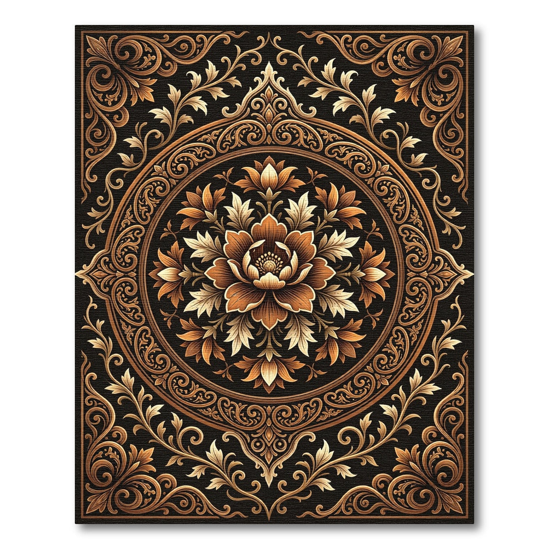 Elegant Gold Floral Medallion Scroll Rug