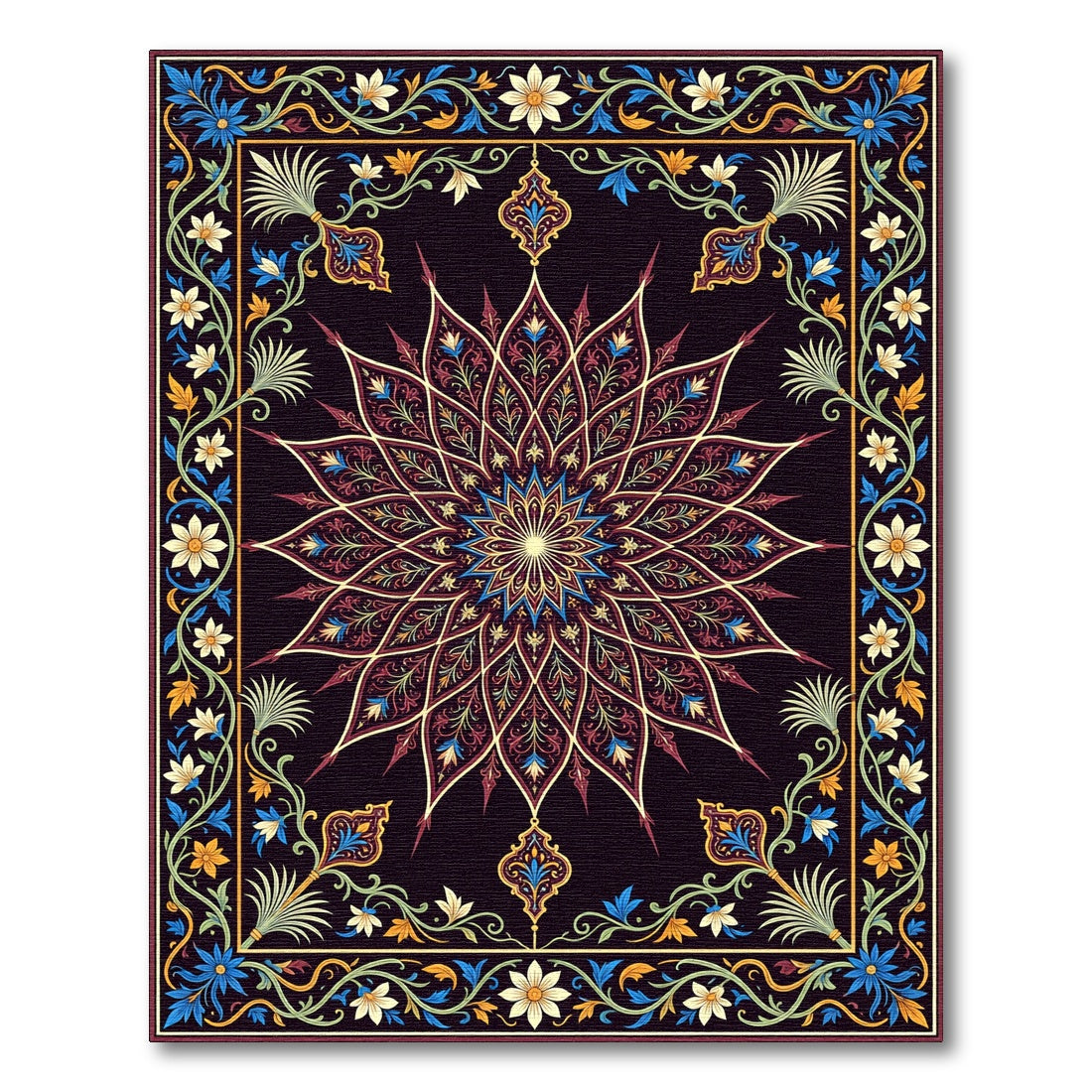 Royal Black Floral Mandala Medallion Rug