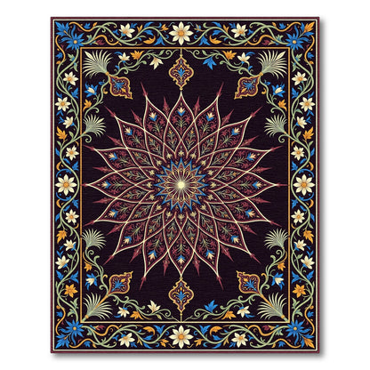 Royal Black Floral Mandala Medallion Rug