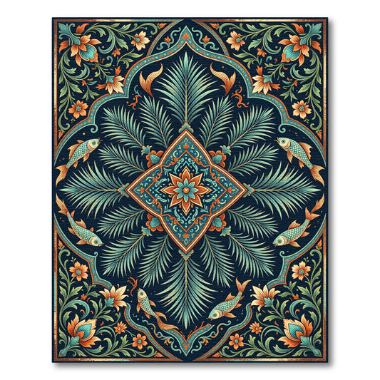 Ornate Teal and Copper Botanical Fish Rug
