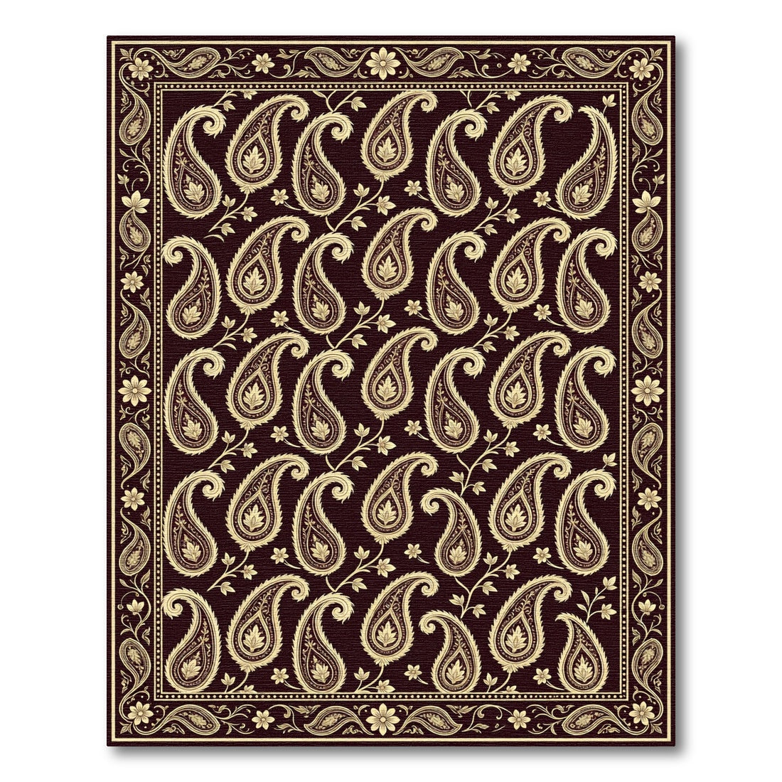 Dark Burgundy Gold Paisley Tapestry Rug