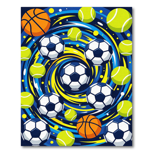Vibrant Swirling Basketball Soccer Tennis Rug