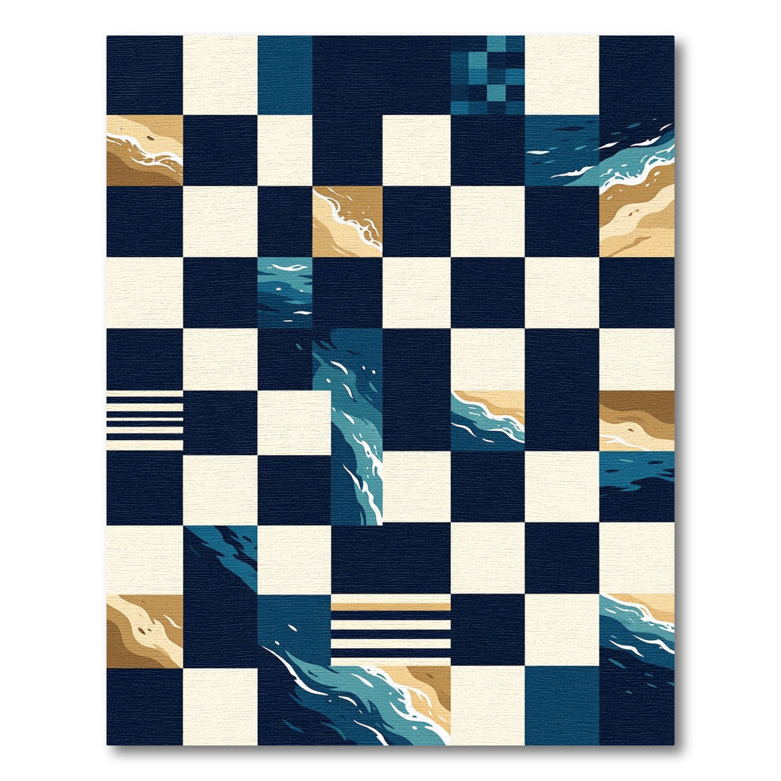Modern Navy Checkerboard Abstract Ocean Wave Rug