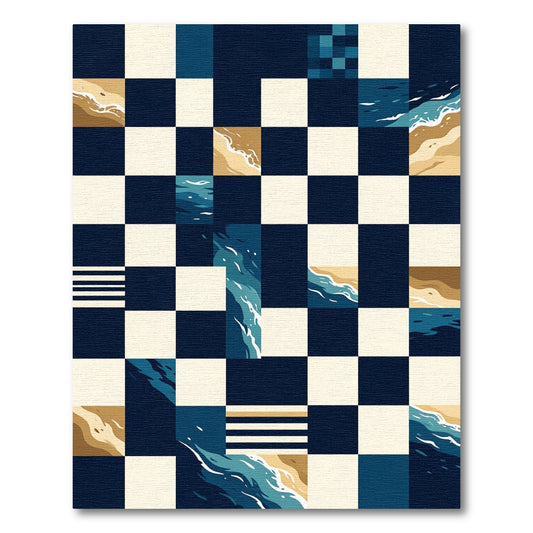 Modern Navy Checkerboard Abstract Ocean Wave Rug