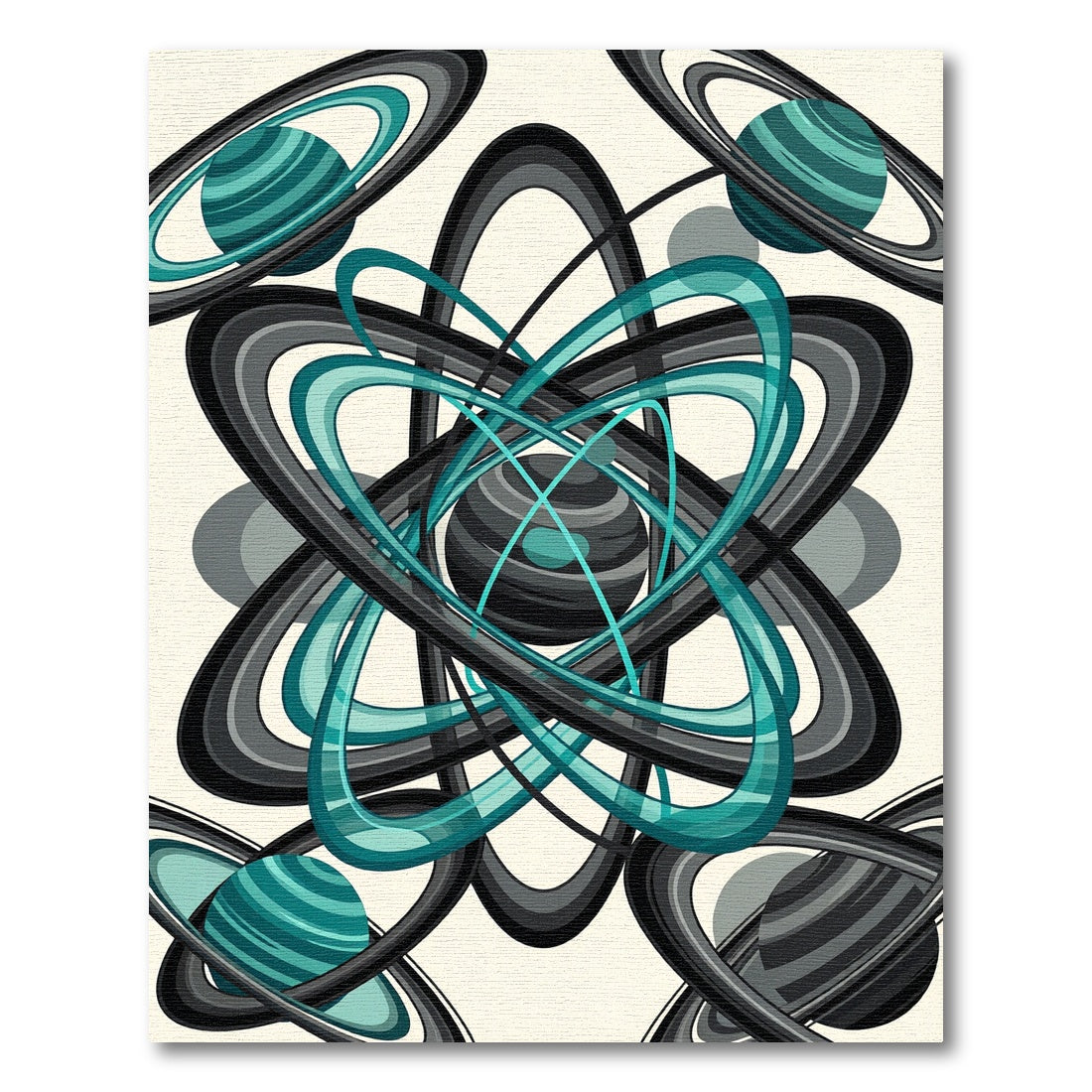Abstract Teal and Charcoal Orbital Sphere Rug