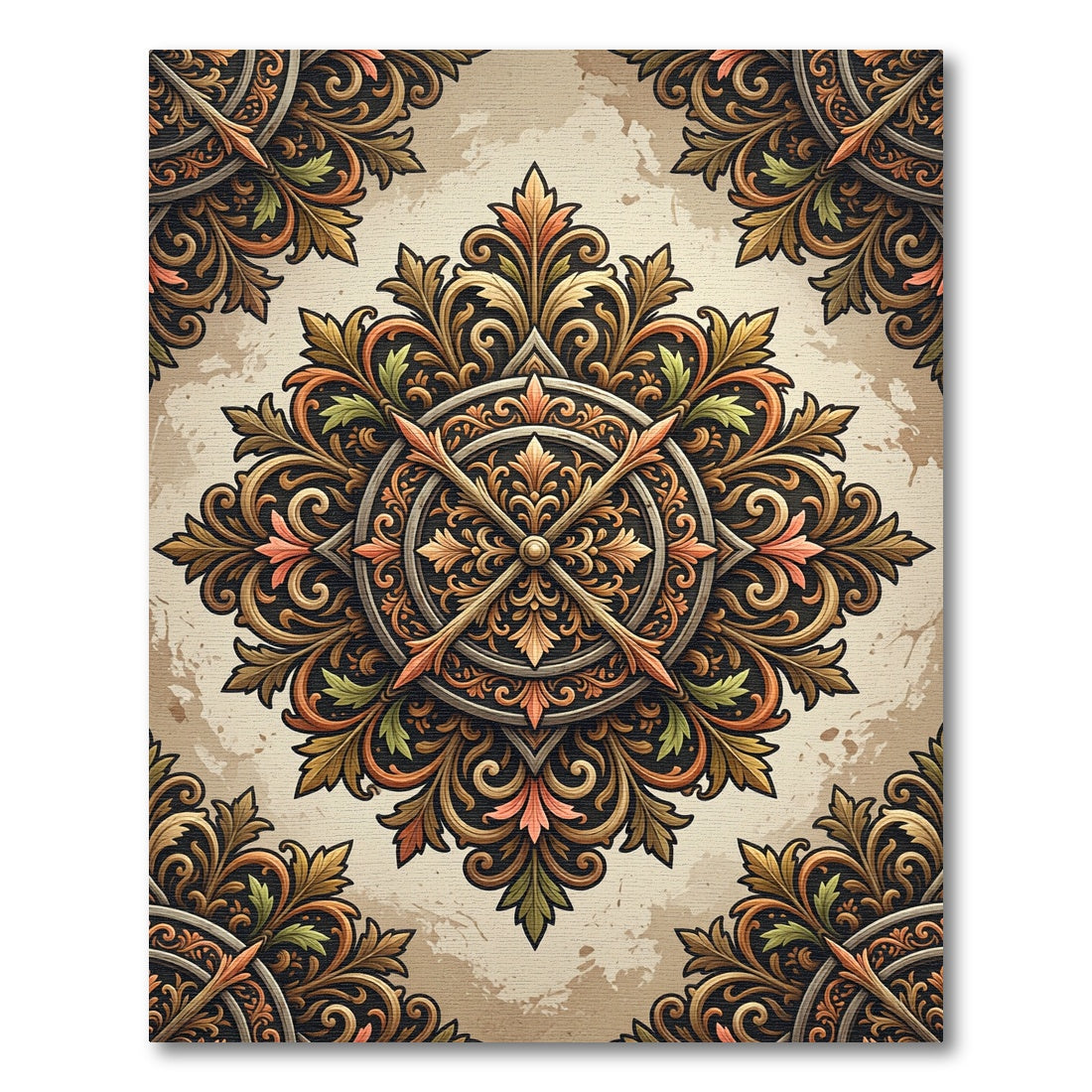 Ornate Damask Foliage Circular Medallion Rug