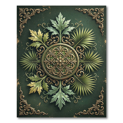 Ornate Green Leaf Mandala Medallion Rug