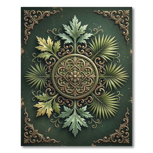 Ornate Green Leaf Mandala Medallion Rug