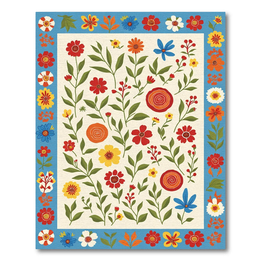 Whimsical Red Yellow Blue Floral Vine Rug