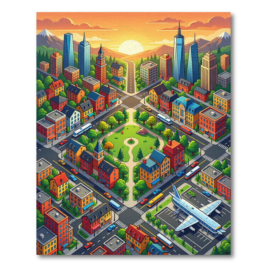 Vibrant Sunset Cityscape Warm Tones Rug