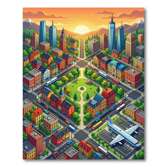 Vibrant Sunset Cityscape Warm Tones Rug