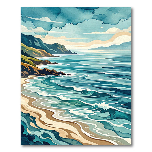 Coastal Blue Abstract Ocean Wave Landscape Rug
