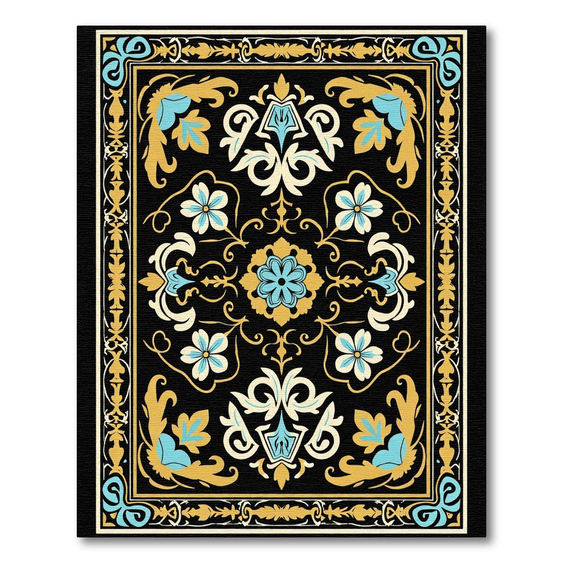 Ornate Black Gold Blue Floral Border Rug