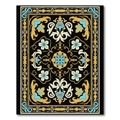 Ornate Black Gold Blue Floral Border Rug