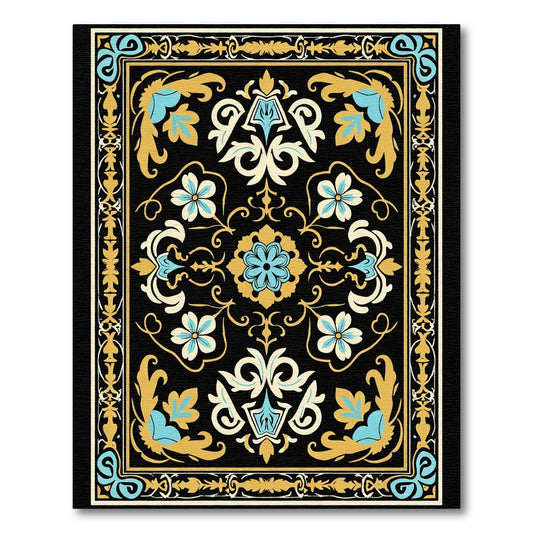 Ornate Black Gold Blue Floral Border Rug