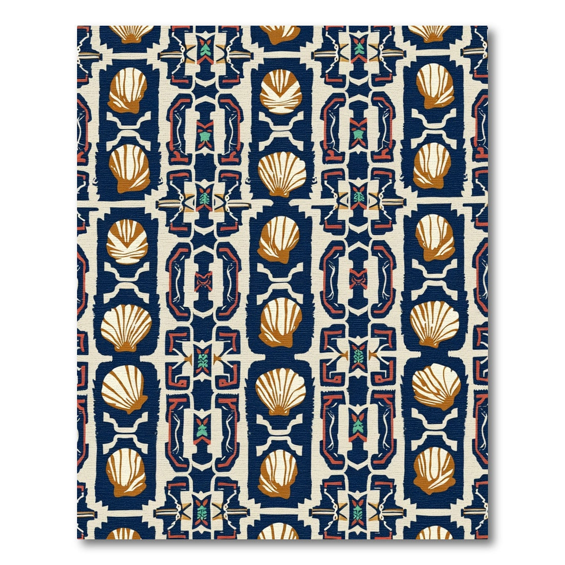 Ornate Navy Shells Medallion Folk Rug