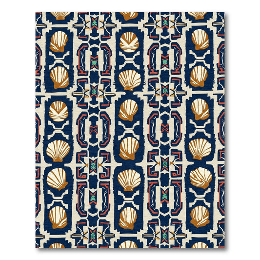 Ornate Navy Shells Medallion Folk Rug