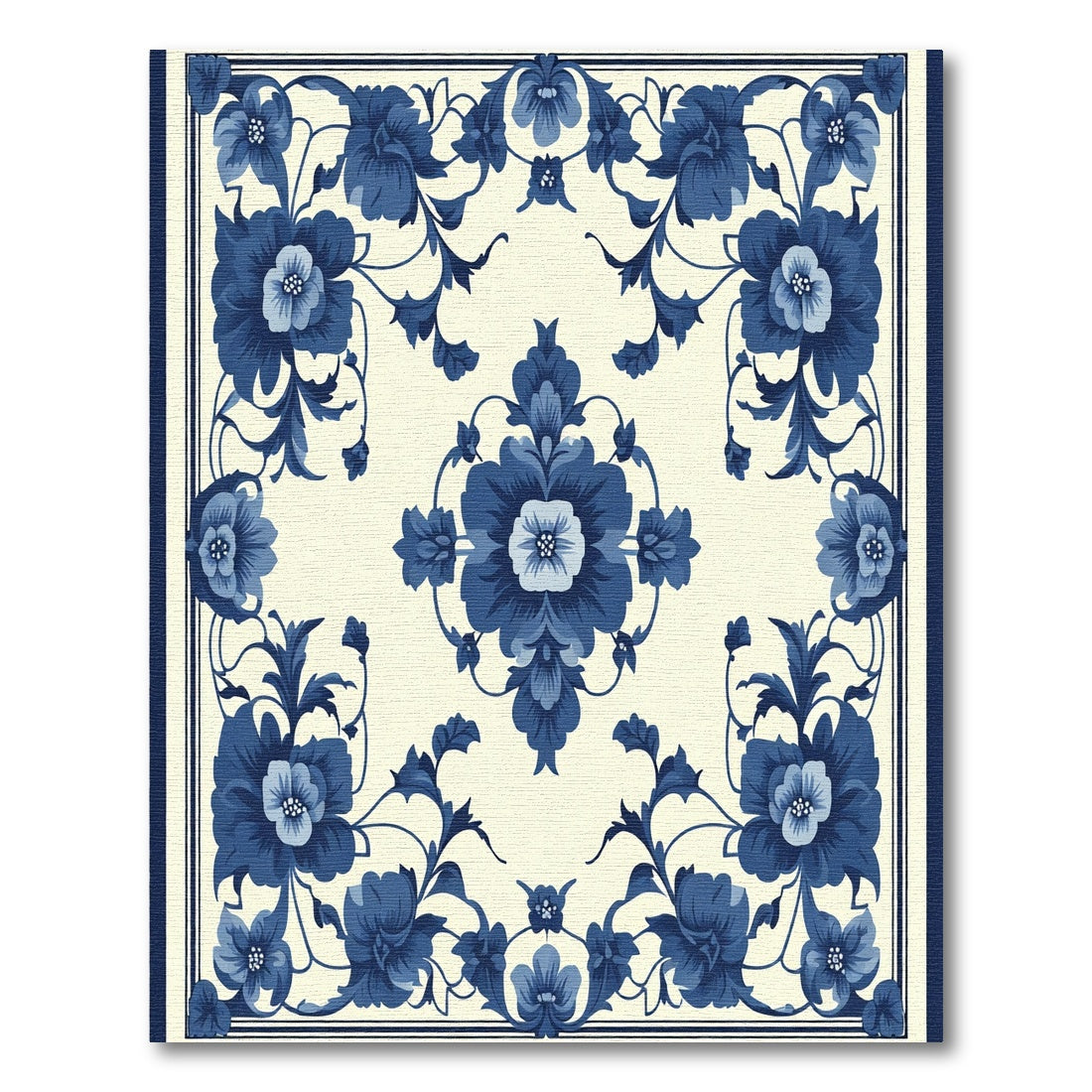 Elegant Blue Floral Scroll Meadow Rug