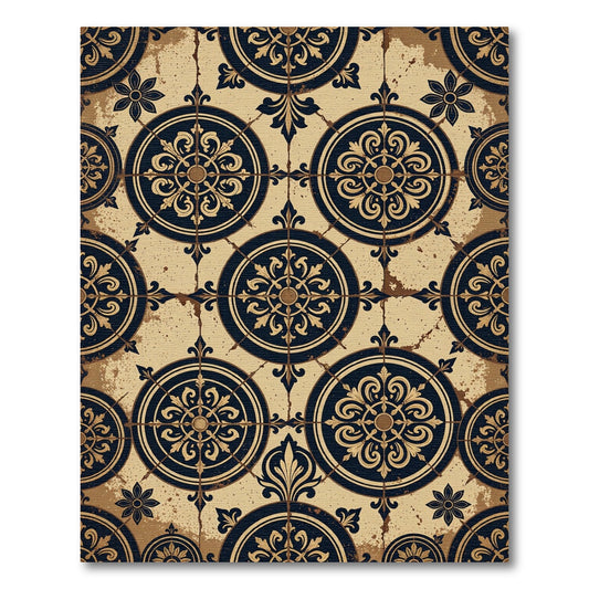 Antique Navy Beige Ornate Damask Medallion Rug