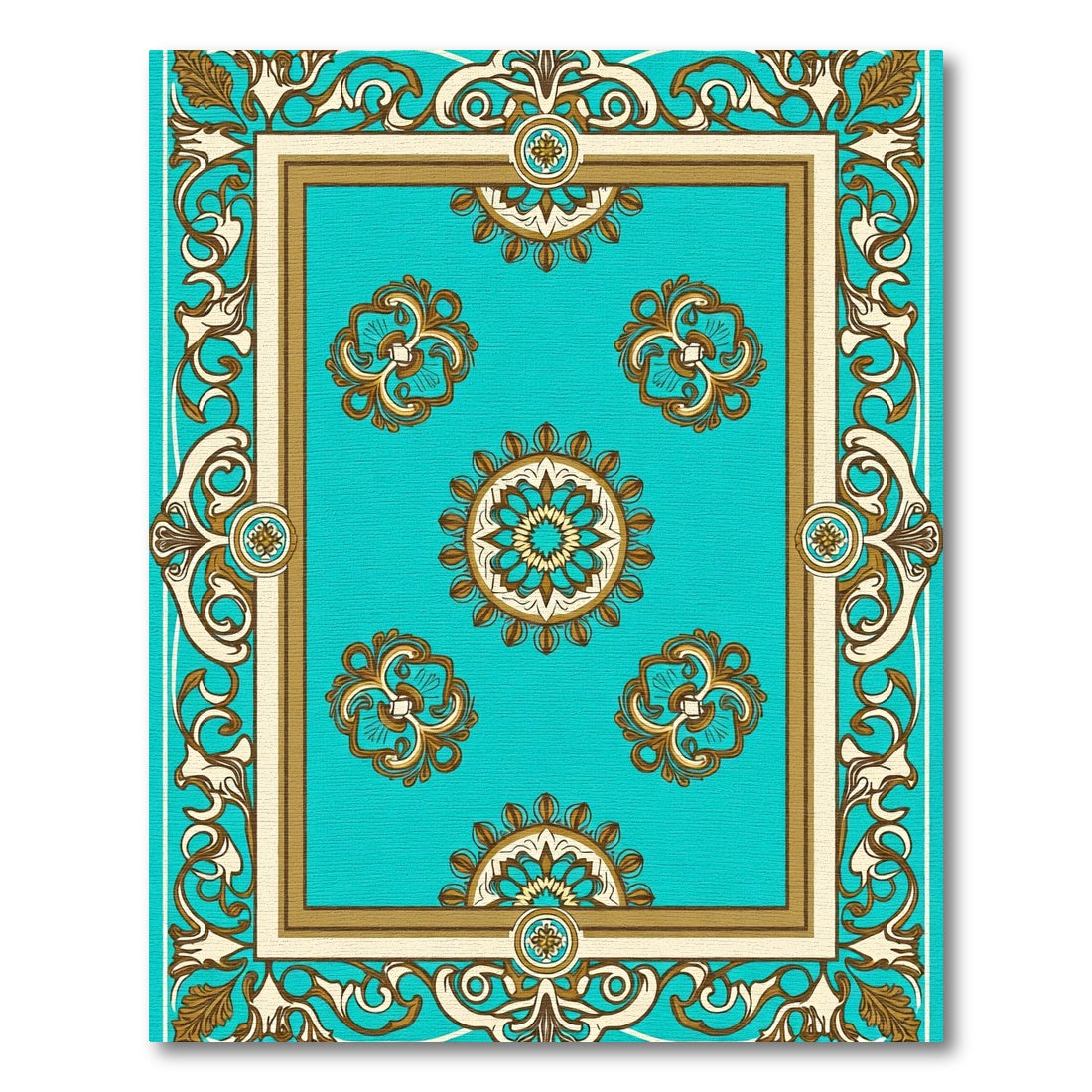 Turquoise Floral Medallion Scrollwork Border Rug