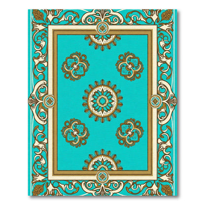 Turquoise Floral Medallion Scrollwork Border Rug