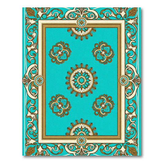 Turquoise Floral Medallion Scrollwork Border Rug