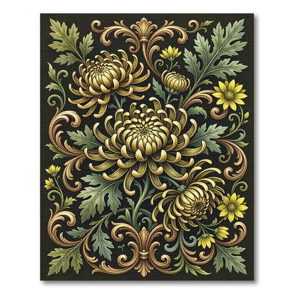 Vintage Golden Chrysanthemum Floral Scroll Rug