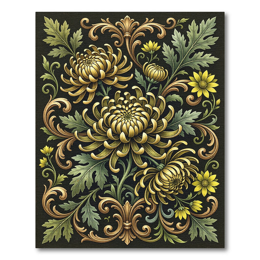 Vintage Golden Chrysanthemum Floral Scroll Rug