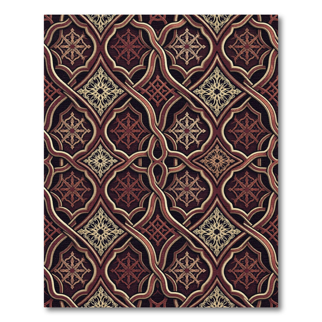 Ornate Burgundy Interwoven Lattice Scroll Rug