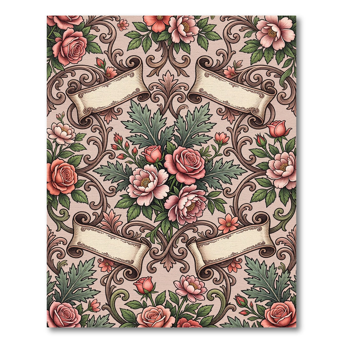 Ornate Rose Scrollwork Floral Arrangement Rug