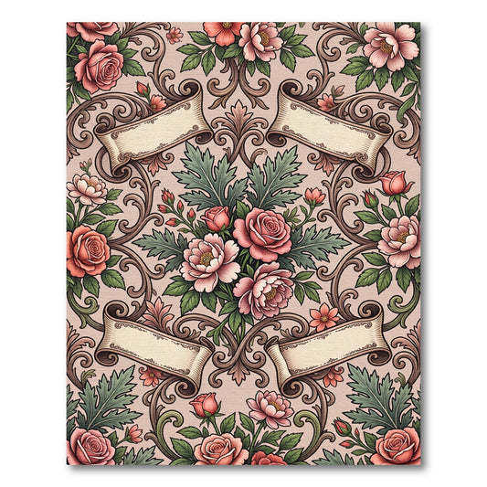 Ornate Rose Scrollwork Floral Arrangement Rug