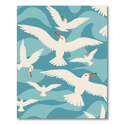 White Seagulls Over Blue Wavy Ocean Rug