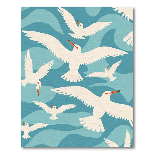 White Seagulls Over Blue Wavy Ocean Rug