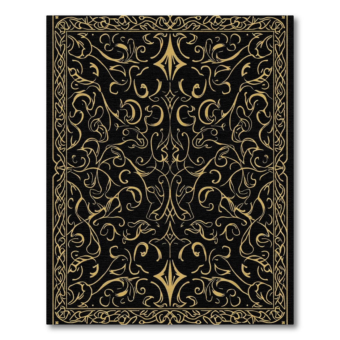 Golden Black Arabesque Scrollwork Rug