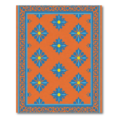 Vibrant Orange Blue Floral Garden Rug