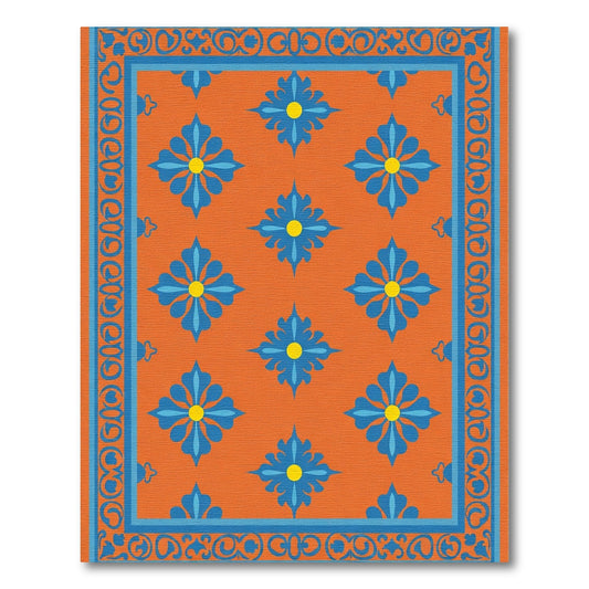 Vibrant Orange Blue Floral Garden Rug