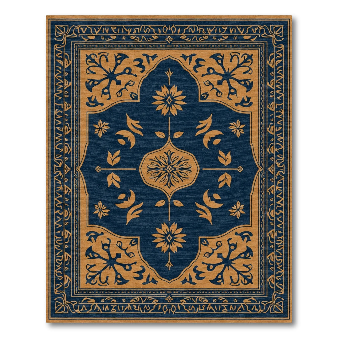 Navy Blue Golden Floral Medallion Rug