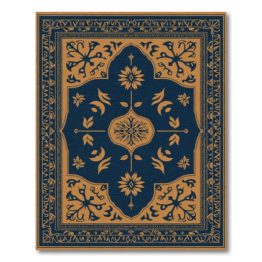 Navy Blue Golden Floral Medallion Rug