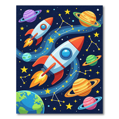 Whimsical Space Rockets Planets Stars Rug