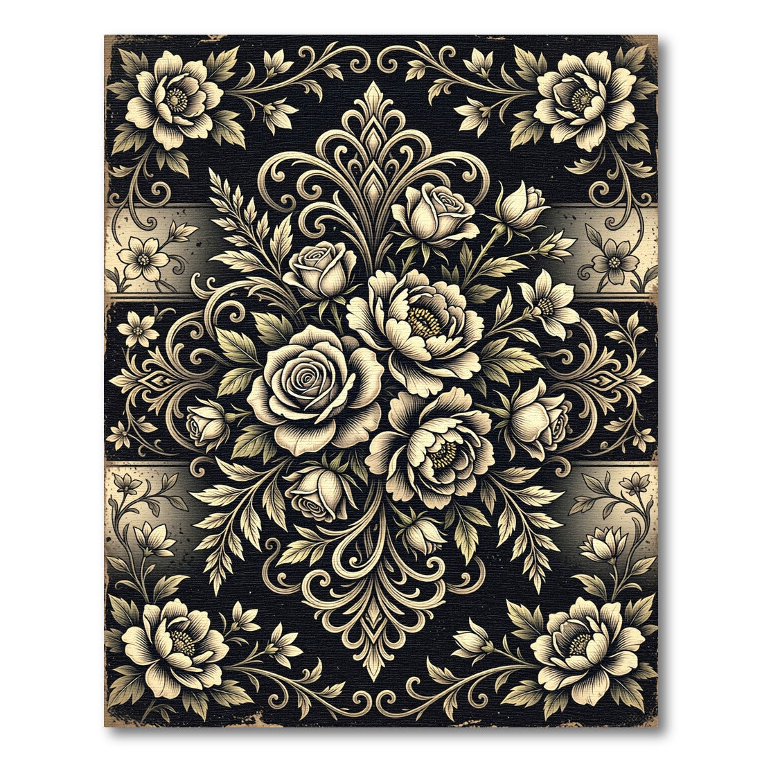 Elegant Gold Floral Damask Charcoal Rug