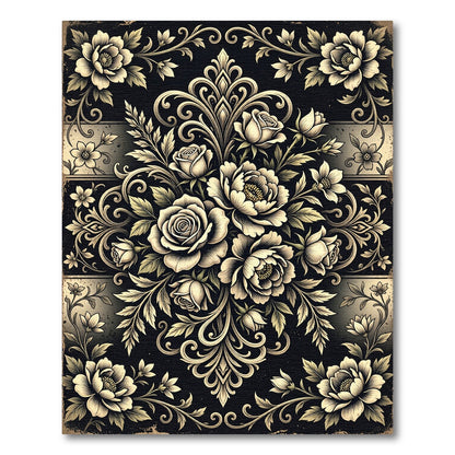 Elegant Gold Floral Damask Charcoal Rug