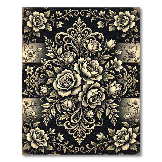Elegant Gold Floral Damask Charcoal Rug