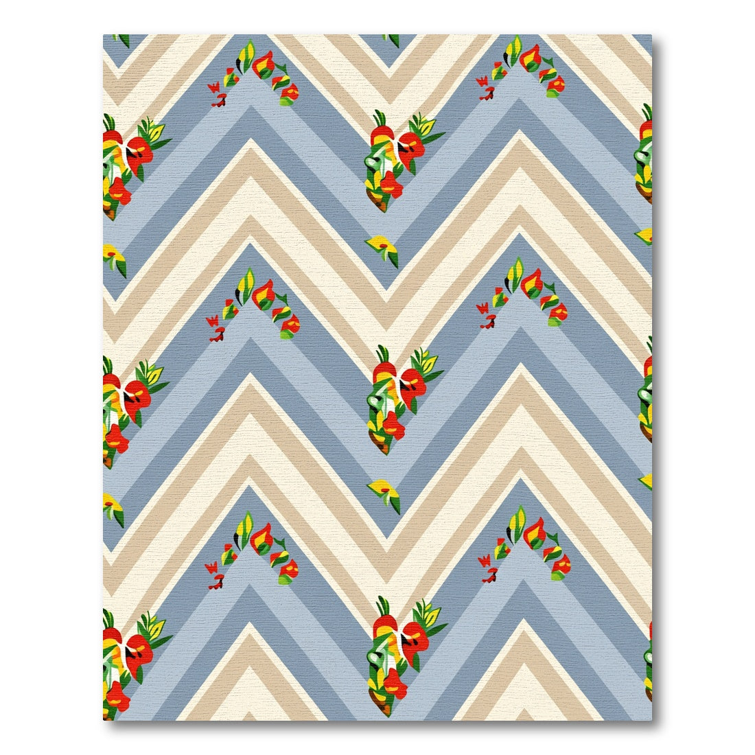 Blue Peach Floral Chevron Arrangement Rug