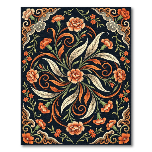 Orange Floral Swirl Scrollwork Rug