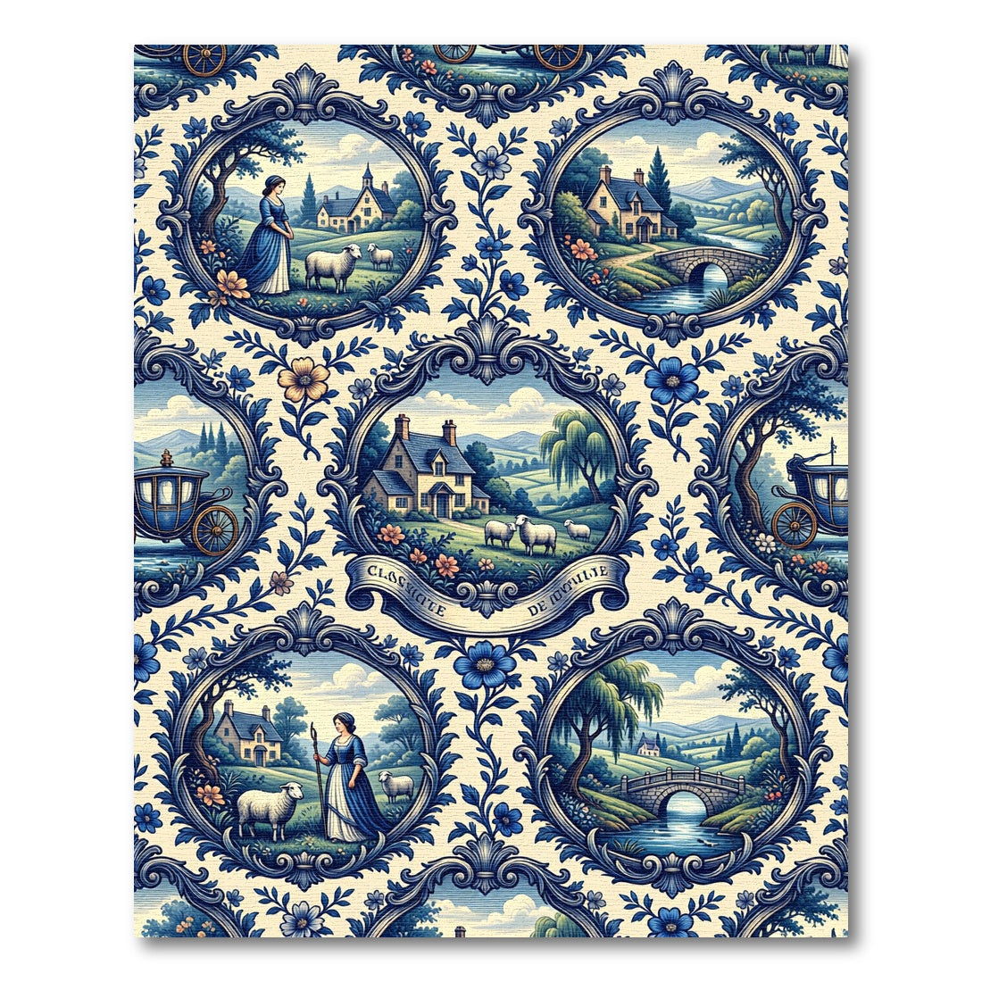 Blue Pastoral Toile Scene Medallion Rug
