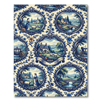 Blue Pastoral Toile Scene Medallion Rug