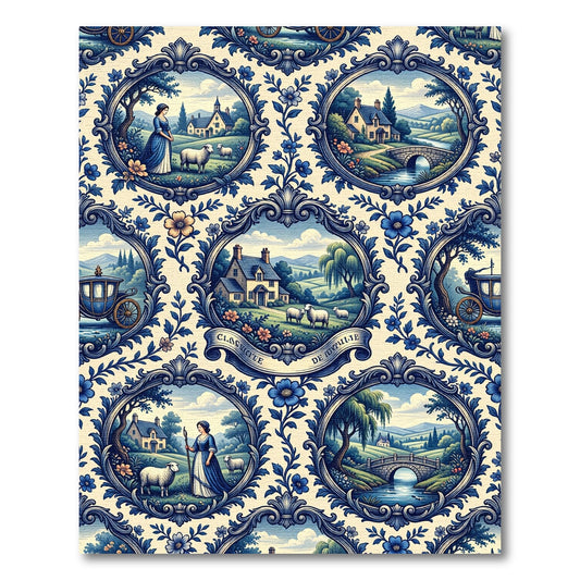 Blue Pastoral Toile Scene Medallion Rug