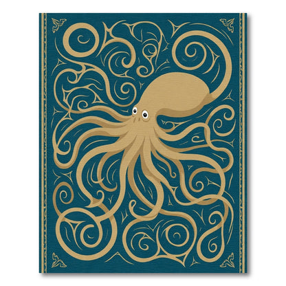 Golden Octopus Swirls Navy Rug